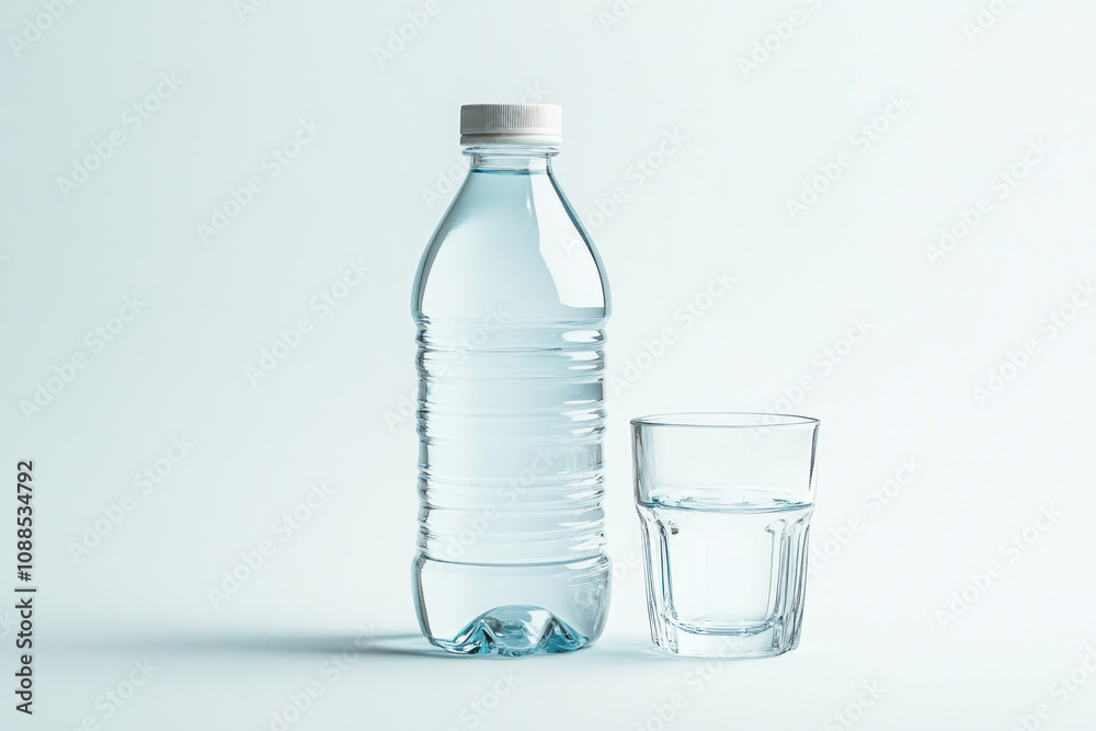 Bottle of water and glass on wooden table, illuminated by soft natural light, creating a simple, refreshing scene. Bottle of water and glass on wooden table, illuminated by soft natural light, creating a simple, refreshing scene.