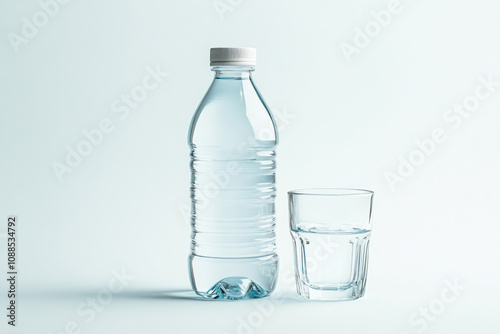 Bottle of water and glass on wooden table, illuminated by soft natural light, creating a simple, refreshing scene.