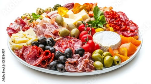 A platter of colorful antipasto with cured meats, assorted cheeses, marinated vegetables