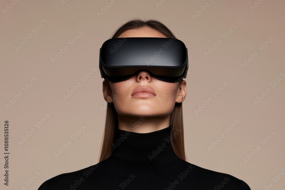 Woman wearing vr headset exploring virtual reality Woman wearing vr headset exploring virtual reality