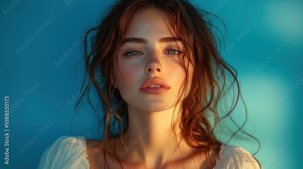 A woman, wearing a white Blouse,Full body stand, vibrant blue studio background A woman, wearing a white Blouse,Full body stand, vibrant blue studio background