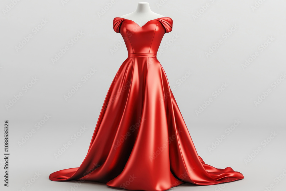 Red satin gown with a long train flowing down majestic marble stairs, under shimmering chandeliers with guests in elegant evening attire. Red satin gown with a long train flowing down majestic marble stairs, under shimmering chandeliers with guests in elegant evening attire.