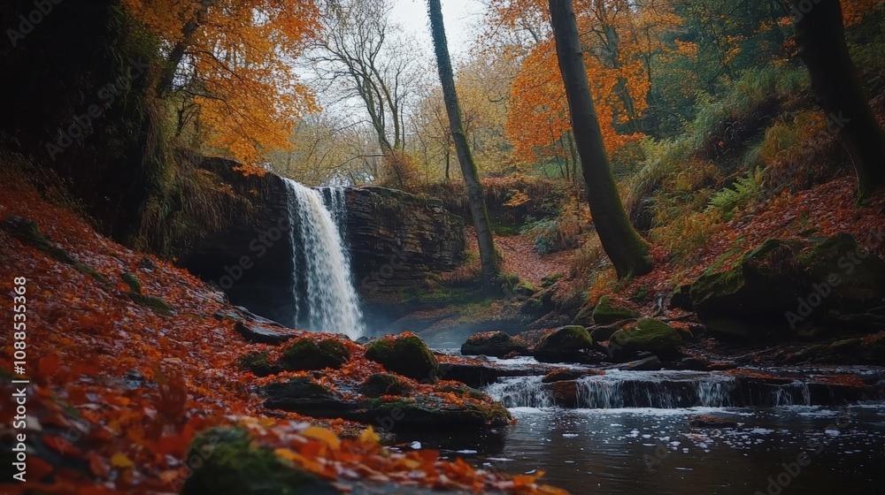Fototapeta premium Beautiful autumn waterfall surrounded by colorful trees and serene nature. A peaceful spot for relaxation and reflection in the woods.