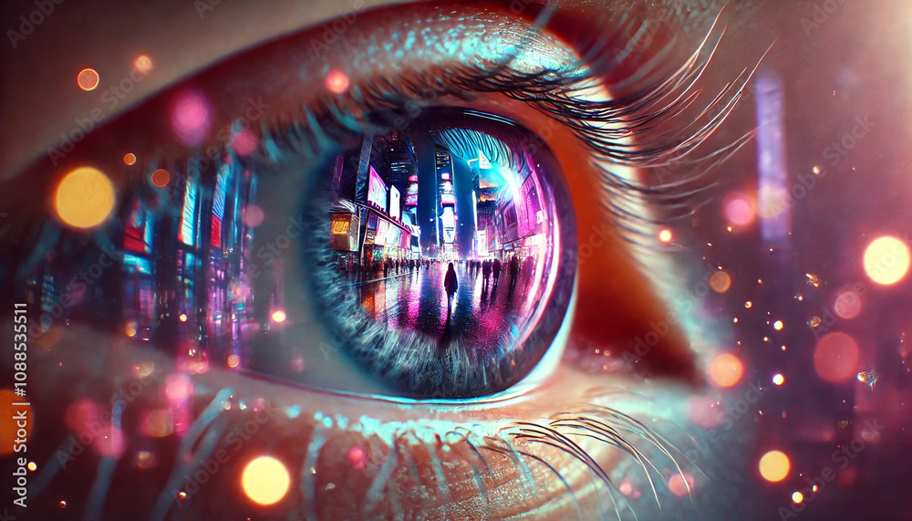 A close up of a person's eye with a city reflected in it. The eye is surrounded by a blurry, colorful background that gives the impression of a dream or a surreal scene A close up of a person's eye with a city reflected in it. The eye is surrounded by a blurry, colorful background that gives the impression of a dream or a surreal scene