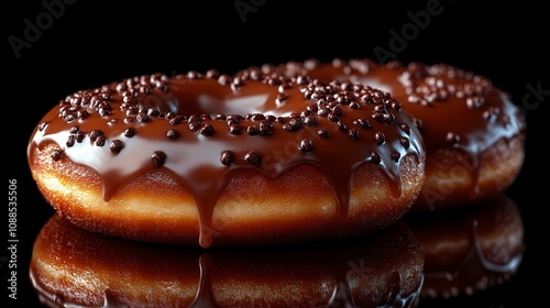Close-up of Two Exquisite Chocolate Donuts with Dripping Glaze and Sprinkles - A Culinary Masterpiece