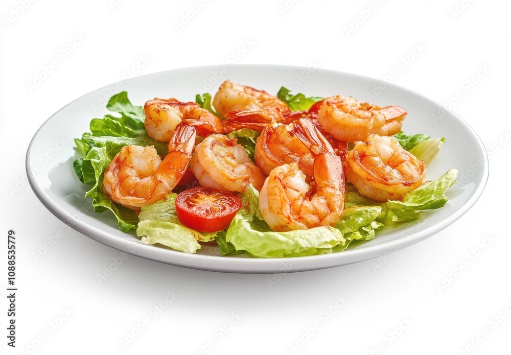 Freshly Grilled Shrimp Salad with Cherry Tomatoes and Crisp Lettuce on a Plate Against a Clean White Background for Healthy Eating and Food Photography Freshly Grilled Shrimp Salad with Cherry Tomatoes and Crisp Lettuce on a Plate Against a Clean White Background for Healthy Eating and Food Photography