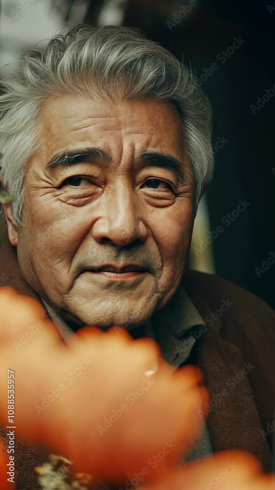 An older man with short, graying hair and weathered skin sits quietly An older man with short, graying hair and weathered skin sits quietly