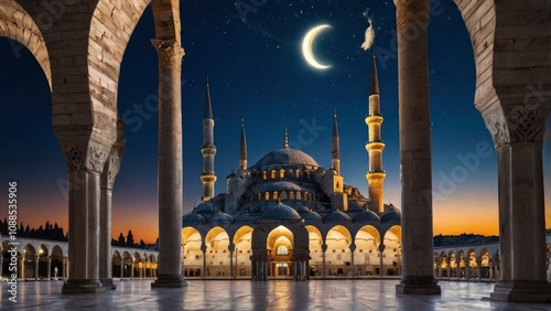 Islamic vertical photo. Suleymaniye Mosque with crescent moon. Ramadan or laylat al-qadr or kadir gecesi concept vertical photo - generative ai photo