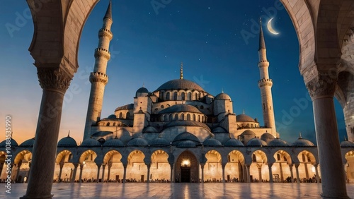 Islamic vertical photo. Suleymaniye Mosque with crescent moon. Ramadan or laylat al-qadr or kadir gecesi concept vertical photo - generative ai photo