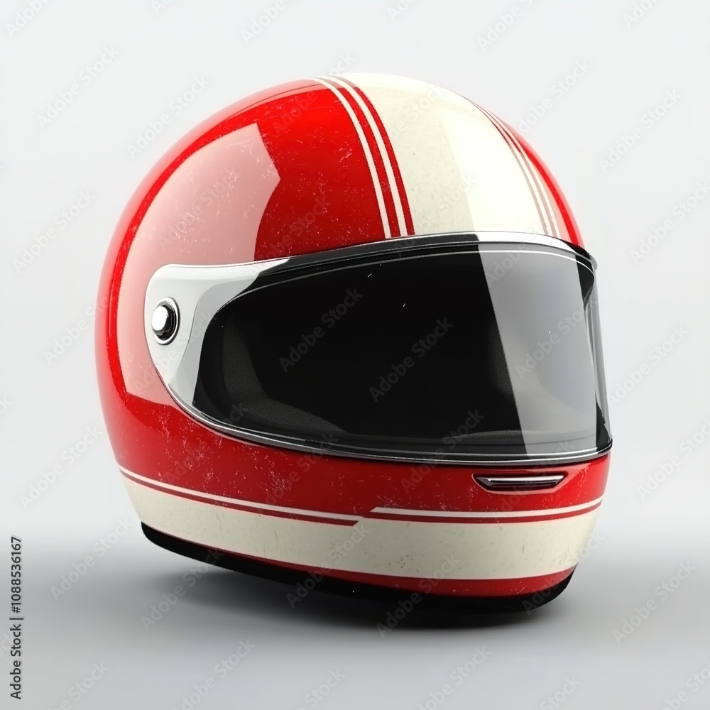 A retro red and white motorcycle helmet with stripes A retro red and white motorcycle helmet with stripes