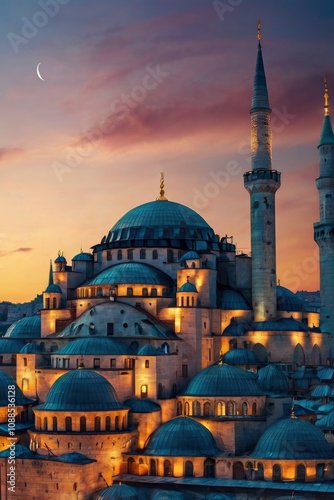 Islamic vertical photo. Suleymaniye Mosque with crescent moon. Ramadan or laylat al-qadr or kadir gecesi concept vertical photo - generative ai photo