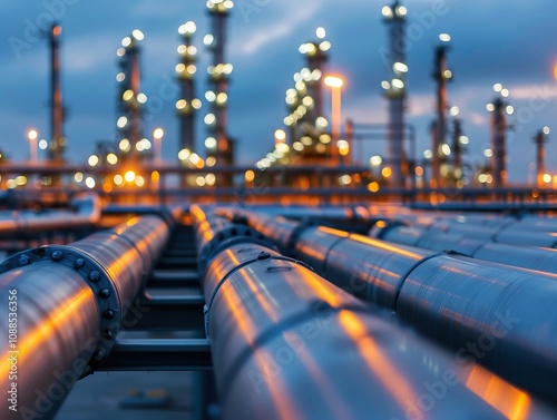Closeup of large metal pipelines at an oil refinery at dusk. Background shows illuminated industrial structures.