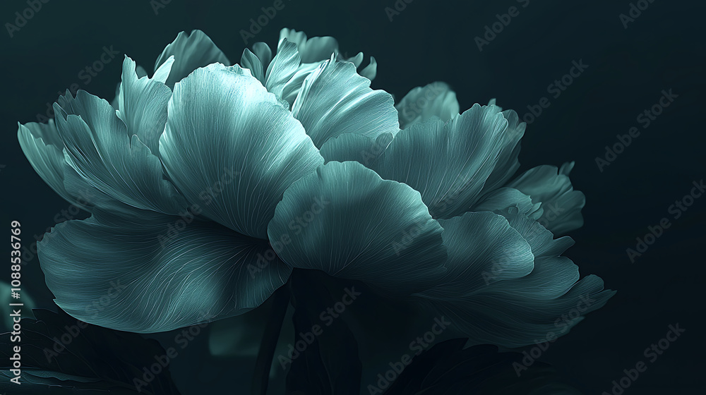 digitally enhanced artistic depiction of a large green peony flower with intricate petal details, beautifully contrasting against a deep black background for a striking visual effect.