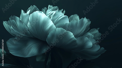 Obraz na płótnie digitally enhanced artistic depiction of a large green peony flower with intricate petal details, beautifully contrasting against a deep black background for a striking visual effect. w salonie