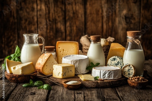 A rustic wooden table showcases a variety of dairy products, including milk, cheese, and butter, inviting a taste of homemade goodness. Generative AI