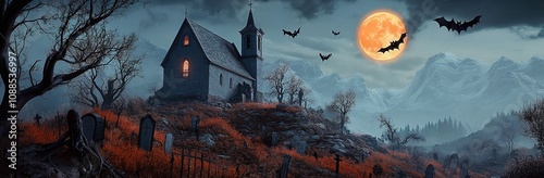 A spooky Halloween scene with an old church on top of the hill.