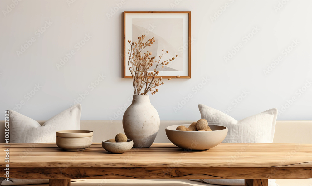 Wooden Table Minimalist Home Decor Dried Flowers Bowls Neutral Tones Wooden Table Minimalist Home Decor Dried Flowers Bowls Neutral Tones