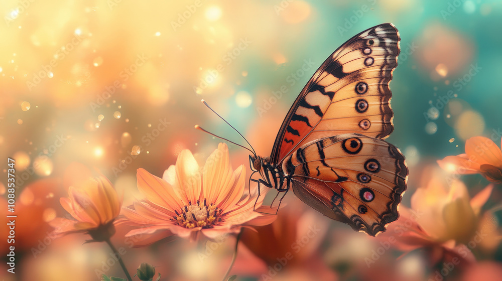Obraz premium Beautiful orange butterfly with colorful wings, perched on a yellow flower in a vibrant garden
