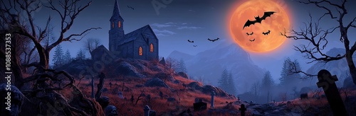A spooky Halloween scene with an old church on top of the hill.