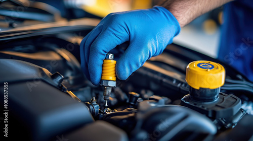 Mechanic wearing gloves, replacing spark plugs on a modern engine