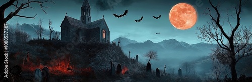 A spooky Halloween scene with an old church on top of the hill.