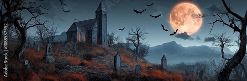 A spooky Halloween scene with an old church on top of the hill.
