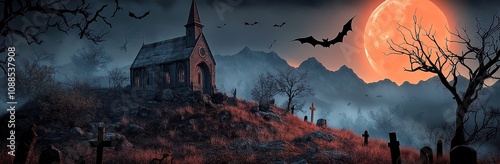 A spooky Halloween scene with an old church on top of the hill.