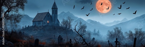 A spooky Halloween scene with an old church on top of the hill.