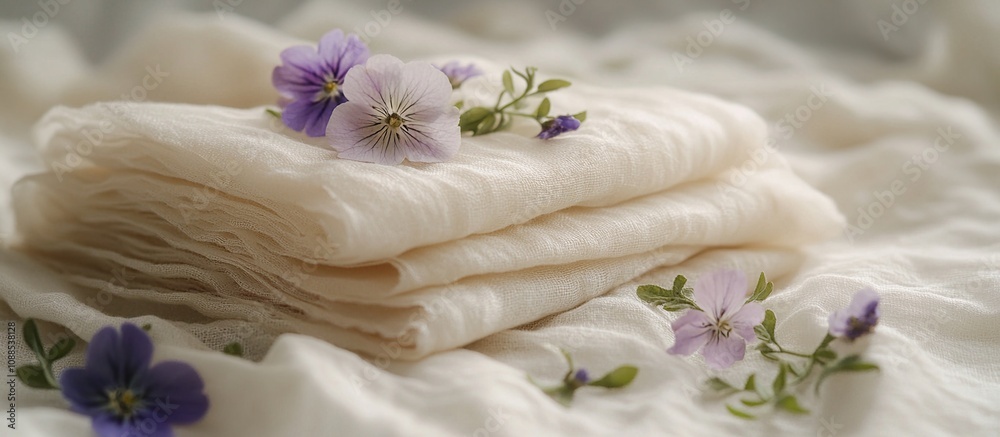 A serene arrangement of folded linen cloths adorned with delicate purple flowers. A serene arrangement of folded linen cloths adorned with delicate purple flowers.
