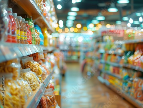 Closeup of supermarket shelves stocked with various snacks, bottled goods, and packaged foods. photo