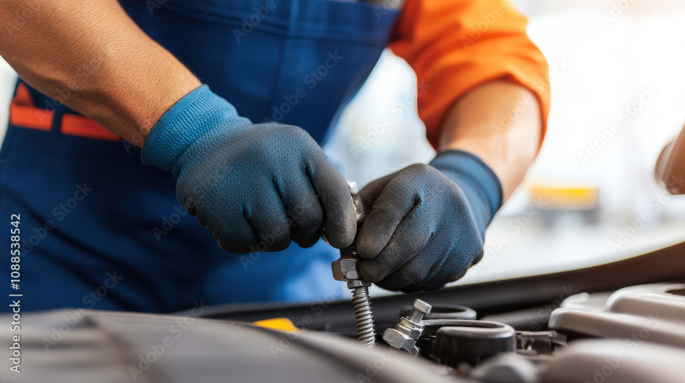 Mechanic's hands working on auto parts in a garage