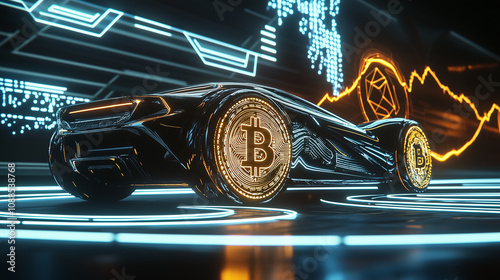 Luxurious sports car and glowing Bitcoin set in a dark golden world, reflecting the extravagance and elite status of successful cryptocurrency enthusiasts photo