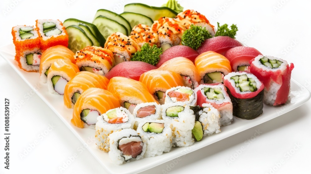 A platter of colorful sushi rolls with fresh fish, avocado, and crunchy vegetables A platter of colorful sushi rolls with fresh fish, avocado, and crunchy vegetables