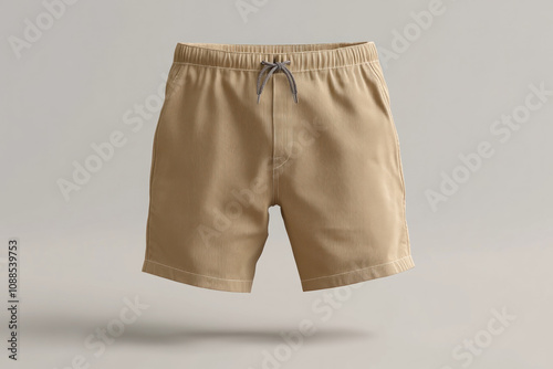 Beige shorts with drawstring waist and pockets, paired with a grey drawstring backpack on a wooden bench in a park setting.