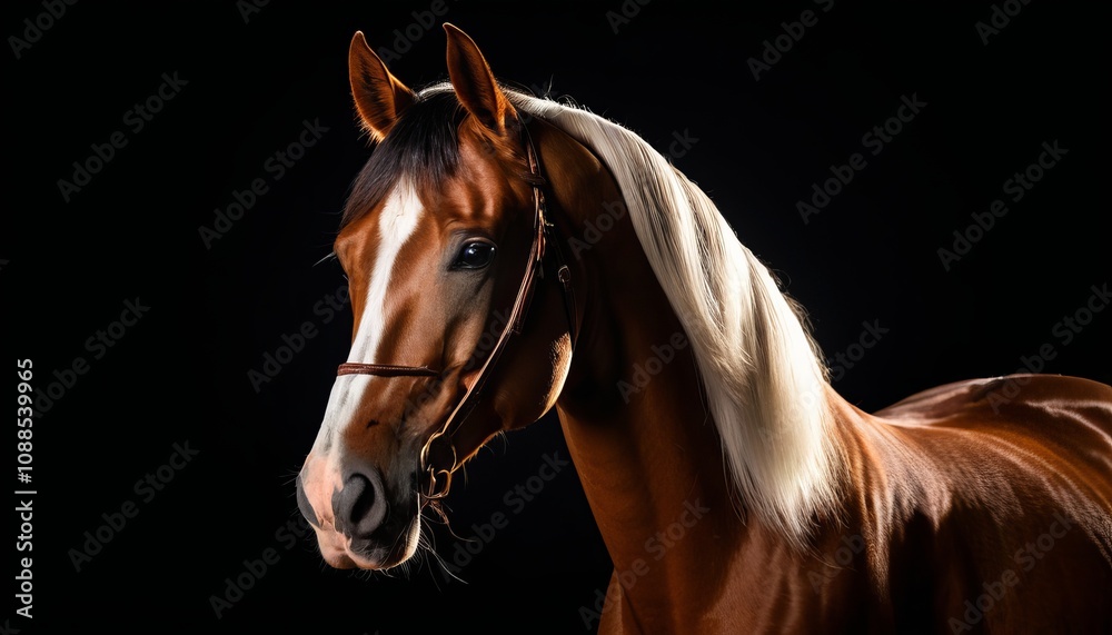 Majestic chestnut horse portrait with striking contrast against black background Majestic chestnut horse portrait with striking contrast against black background