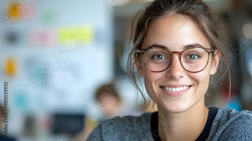 Confident and Smiling Young Professional Woman in Glasses at Her Desk in a Modern Office Environment Representing Successful Career Education and Technology