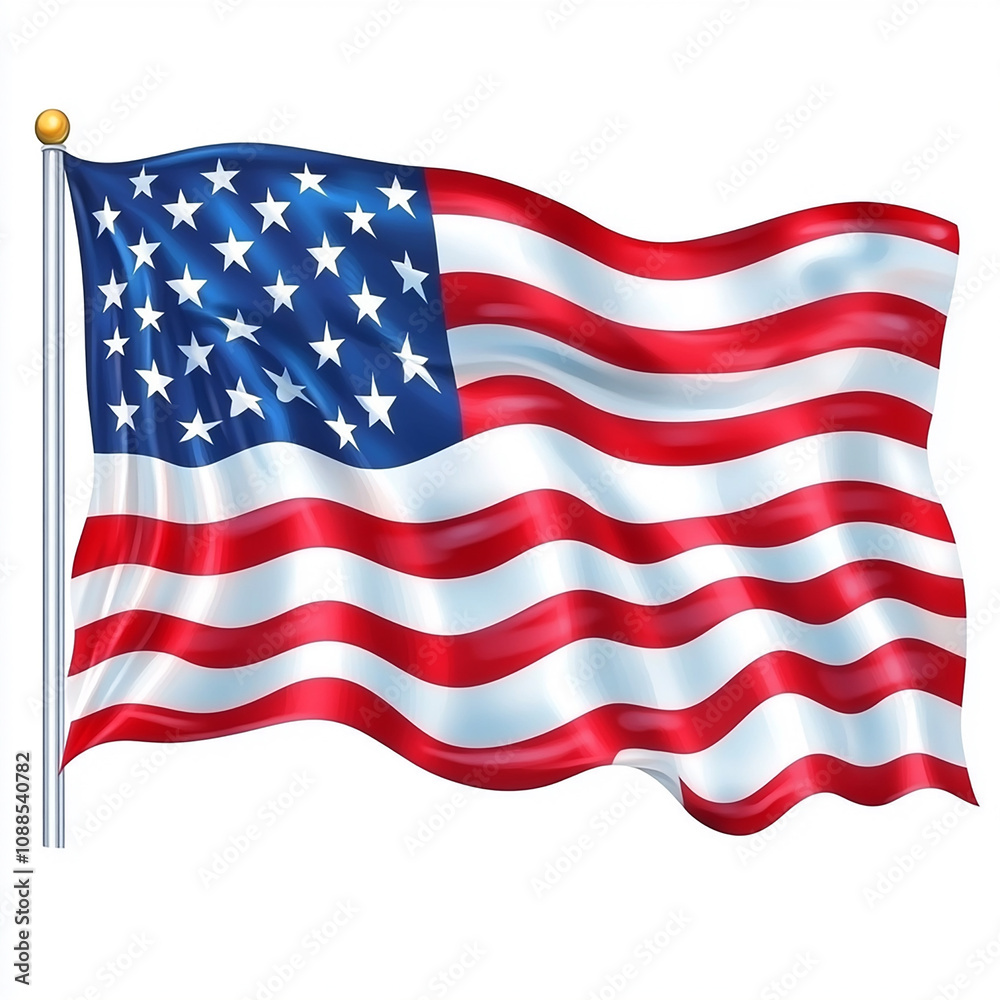 Fototapeta premium A waving American flag on a white background with a gold pole.
