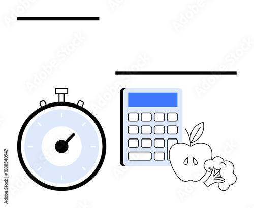 Stopwatch calculator apple broccoli symbolizing time management financial planning, and health. Ideal for wellness, nutrition, fitness, time efficiency, budgeting, healthy living, productivity