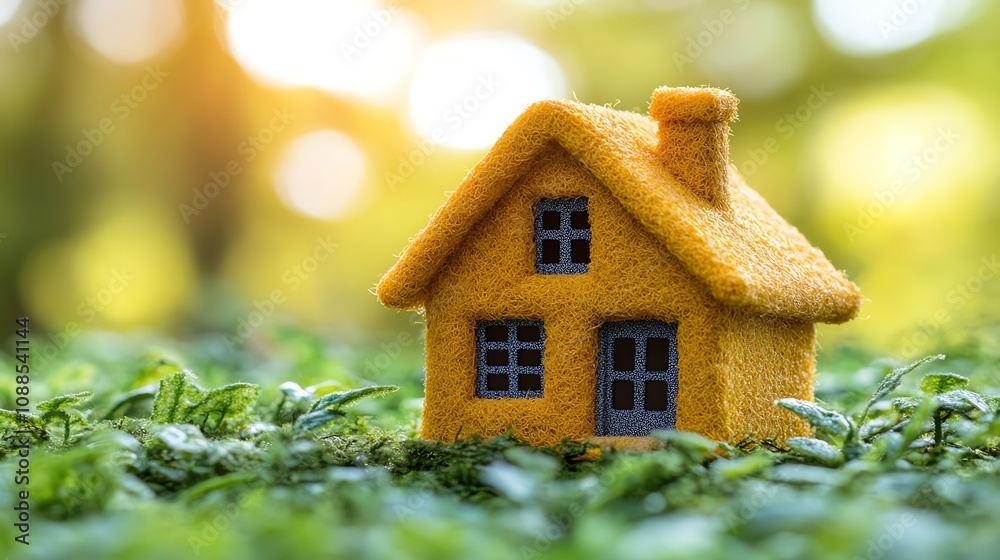 A small yellow house model sitting on lush green grass under soft sunlight. A small yellow house model sitting on lush green grass under soft sunlight.