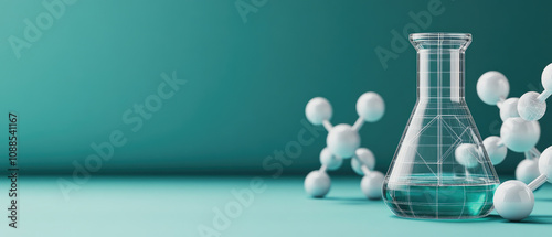 Scientific experiment in laboratory chemistry flask molecular structure modern setting close-up view innovation exploration