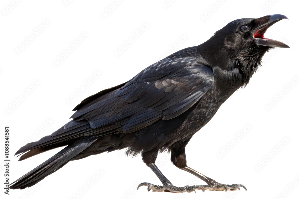 Fototapeta premium Cawing raven forest clearing wildlife natural habitat close-up bird behavior