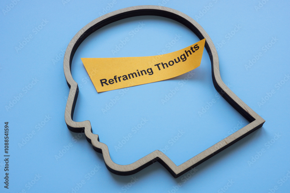 Naklejka premium Outline of a head with the phrase reframing thoughts. Mindset shift and cognitive transformation.