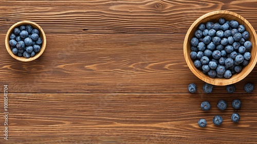 Fresh Blueberries in Wooden Bowls on Rustic Table Surface Perfect for Healthy Eating, Cooking, and Culinary Photography