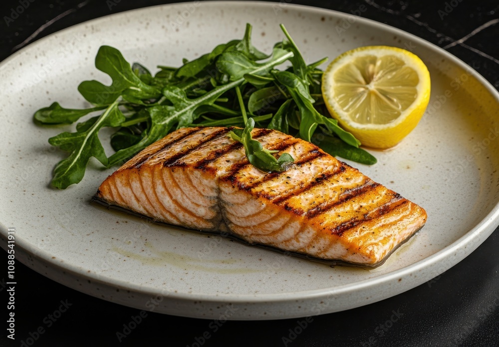Grilled Salmon Fillet with Fresh Arugula and Lemon Slice Served on a Modern Plate, Perfect for Healthy Meals and Culinary Presentations Grilled Salmon Fillet with Fresh Arugula and Lemon Slice Served on a Modern Plate, Perfect for Healthy Meals and Culinary Presentations