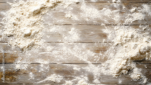 Flour scattered on rustic wooden surface creates textured background, perfect for culinary themes and baking concepts