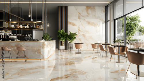 Luxurious interior design featuring marble texture with gold accents, modern furniture, and large windows allowing natural light. stylish cafe atmosphere