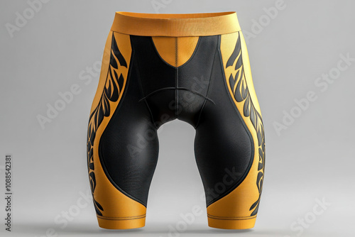 Yellow and black cycling shorts designed to resemble flames, adding a fiery touch to the rider's ensemble. photo