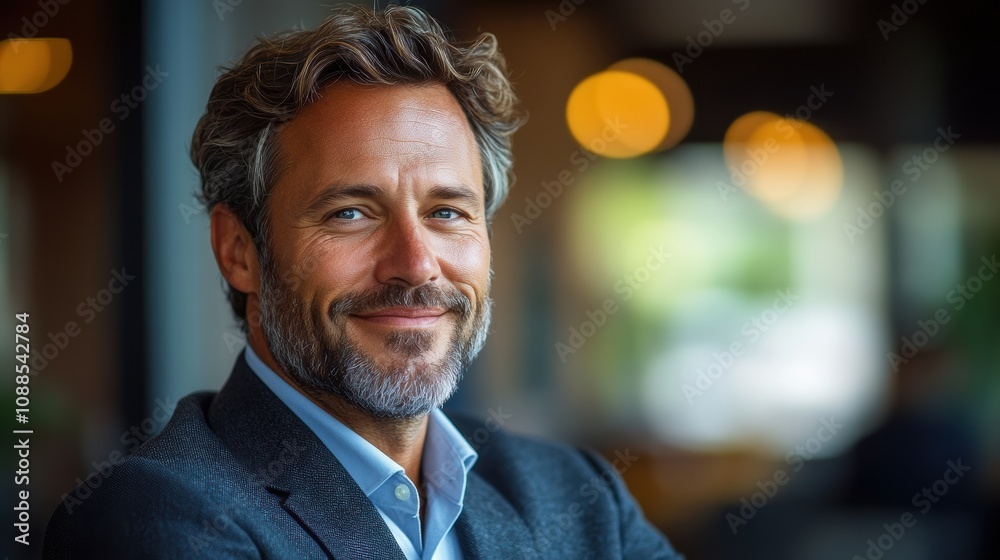 Successful business man smiling as he stands outside a meeting room in a professional workplace. Caucasian male executive looking away in reflection of his business accomplishments Successful business man smiling as he stands outside a meeting room in a professional workplace. Caucasian male executive looking away in reflection of his business accomplishments