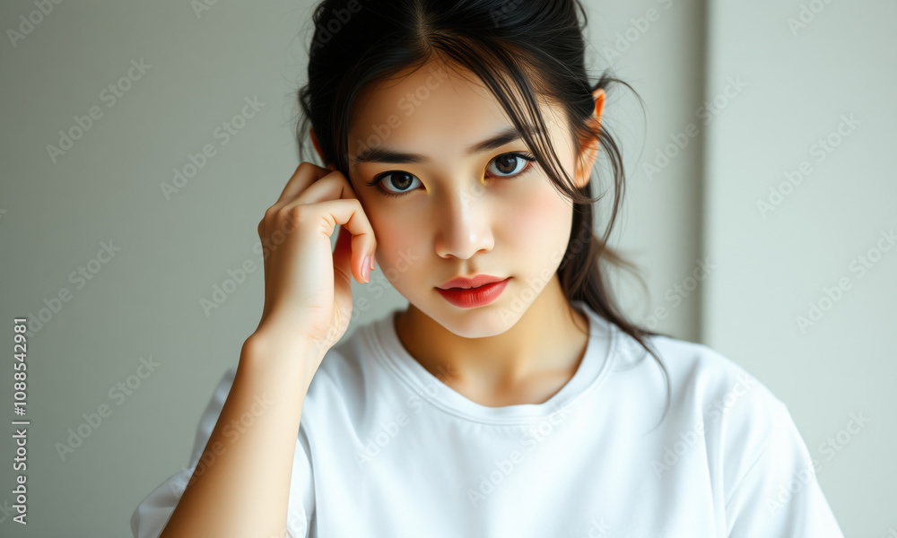 young woman with long dark hair, wearing plain white t shirt, poses thoughtfully with her hand near her face. soft lighting highlights her features, creating serene atmosphere young woman with long dark hair, wearing plain white t shirt, poses thoughtfully with her hand near her face. soft lighting highlights her features, creating serene atmosphere