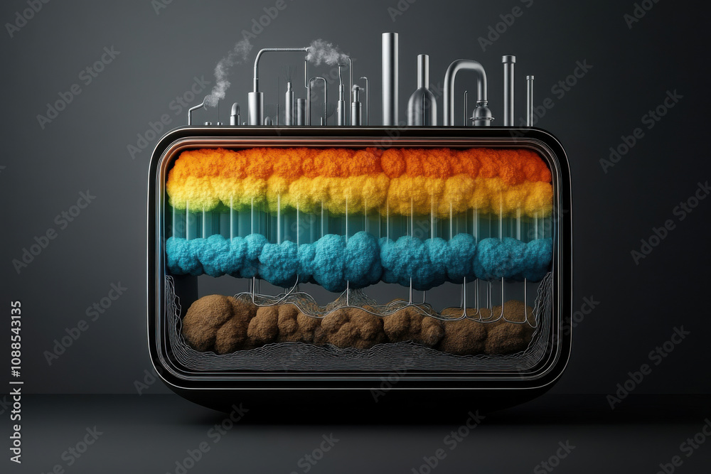 3D cross section of Earth atmosphere with colorful layers and industrial elements